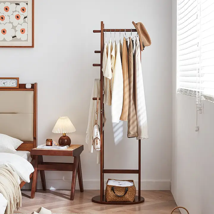 全木製 コーナー衣類ハンガー【フロアタイプ・寝室用・マルチ収納】