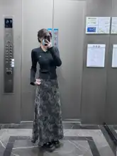 高身長向けロングブラックレトロタイダイ柄スカート【ウエストゴム・Aライン・メイクファッション】