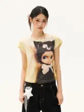 アメリカンカートゥーンプリントの涼感Tシャツ【女性用・フリル袖・ラウンドネック・スリムフィット】