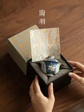 手描き詩文の金描き百合の蓋付き茶碗【高級中式茶具・ギフトボックス付き】