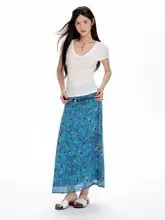 青い花柄シフォンマキシスカート【高腰・スリムフィット・Aライン】