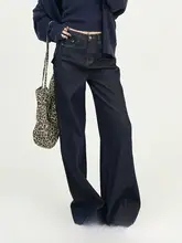 青いハイウエストストレートデニムパンツ【レディース・春用・ゆったりしたロングパンツ】