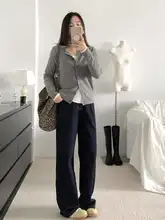 秋冬用深青色デニム休み用ワイドストレートパンツ【フィット】