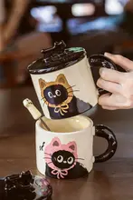 可愛い猫デザインの陶製マグカップ【フタとスプーン付き・ギフトに最適】