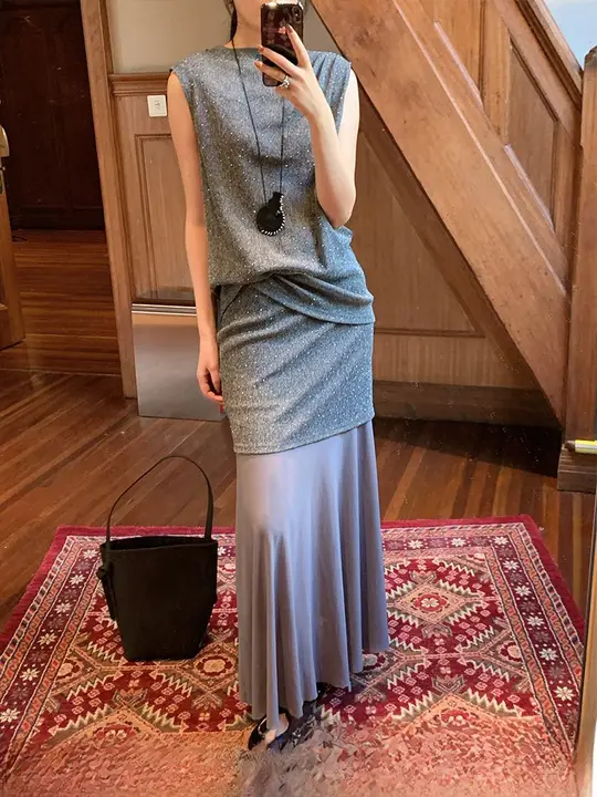 春夏新作 無地ノースリーブトップスとフリルスカート【軽やかな透け感・女性用】（セットアップ対応）
