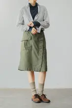 COUDRE フランス風 レトロ山系スタイルの緑色前ボタンコットンスカート