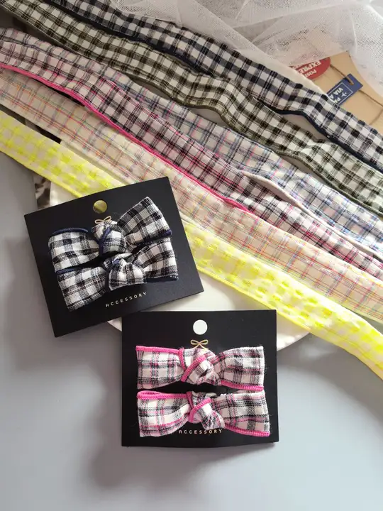 高密度焼き縁バブルチェック筒状リボン付きカチューシャ【ハンドメイドDIY・ペット用リボン】
