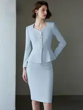 エレガントなブルーカラーの長袖コーディネート【女性用・タイトフィット・ビジネスウェア】（セットアップ対応）