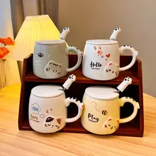 可愛い猫デザインの陶器製マグカップ【蓋付き・スプーン付き・家庭用・コーヒー・ミルク】
