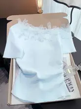 レース切替ワンショルダーアイスシルクニットトップス【夏用・ウエストシェイプ・ショート丈】（セットアップ対応）