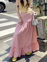 春用粉色チェック柄のAラインスカート【高腰・ロング丈・旅行用】（セットアップ対応）