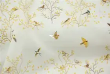 薄手の半透明生地 鹅黄色の和風小鳥プリントリネンシャツドレス用生地