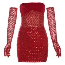 ChiclyNana 赤色トップレスドレス【ハイウエスト・ストリートスタイル・スリムフィット・スパンコール付き】