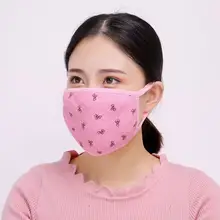 秋冬用ファッション女性用コットン厚手保温マスク【黒いプリント・防塵・防寒・防風・洗濯可能】