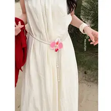 華やかな蘭の花とパール装飾のウエストチェーン【夏のビーチリゾート・ドレスアクセサリー】
