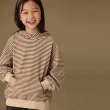 子供用 柔らかいフード付きストライプパーカー【カンガルーポケット・親子ペアルック・カジュアル】
