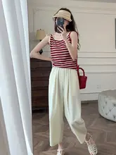 高級感のある白のハイウエスト九分丈ストレートパンツ【レディース・ウエストゴム・夏用・薄手】