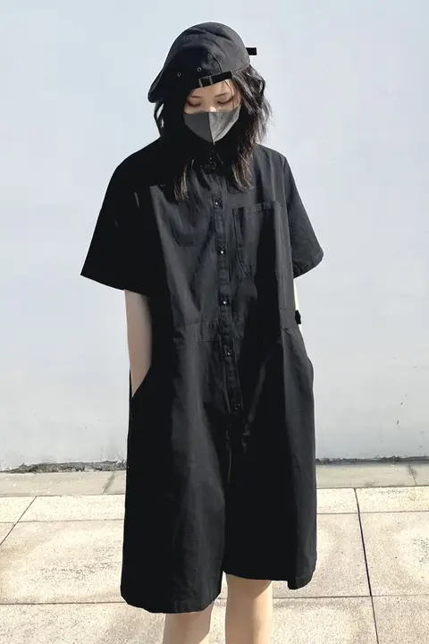 黒色ユニセックス工事用サロペット【夏用・薄手・ショートパンツ・短袖】