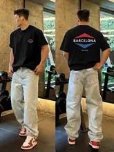 アメリカンストリートスタイルのデザイン半袖Tシャツ【重厚なコットン・若者向け・小さめネック】