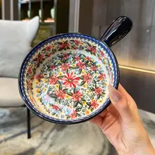 ポーランド陶器製のハンドル付きボウル【シングルハンドル・電子レンジ対応・家庭用食器】