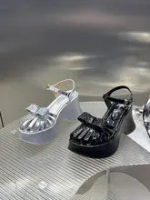 オープントゥのワイズヒールサンダル【厚底・リボン付き・ハイヒール・通気性】