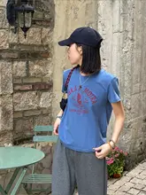 サーフィンペンギンプリントのコットン短袖Tシャツ【ブルー・レディース・夏用・スリムフィット】