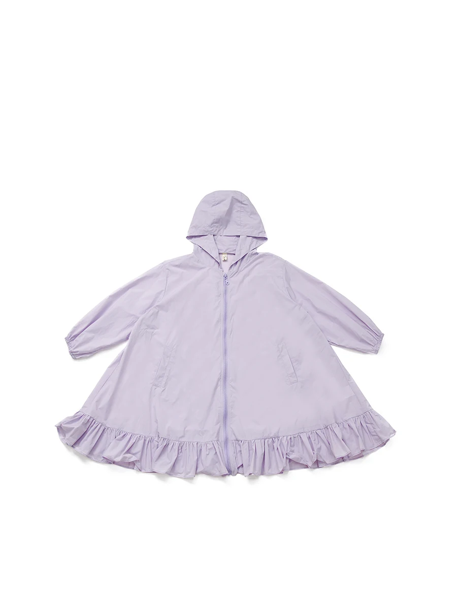 女の子用夏用紫色フリルカーディガン：アウトドアオシャレに最適なUVカット機能とゆったりシルエット