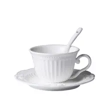 欧風浮彫りデザインのコーヒーカップ＆ソーサーセット【創意陶器・朝食用ミルクカップ・スプーンスタンド付き】