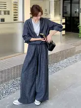 上品なデニムスタイル レディーストップスとワイドパンツ（セットアップ対応）