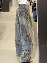レトロ刺繍デザインのデニムパンツ【ワイドレッグ・大きいサイズ・女性用】（セットアップ対応）