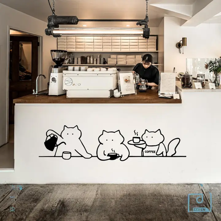 猫のラインアートデザインのウォールステッカー【猫カフェ・店舗用・ガラス窓装飾】