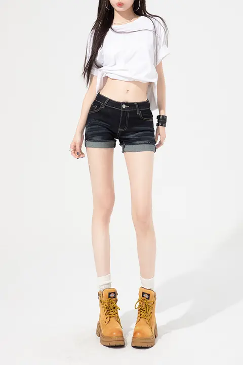 アメリカンヴィンテージ風ロールアップデニムショートパンツ【夏用・ローウエスト・ストレッチ・Aライン】