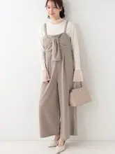 リボンデザインの春用 レディースオーバーオール【サイドポケット・層状スタイル】（セットアップ対応）