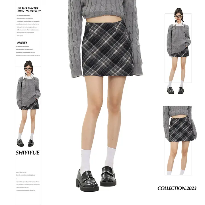 ミニスカート レディース ウール 黒×青チェック柄 ハイウエスト Aライン タイト 春 秋
