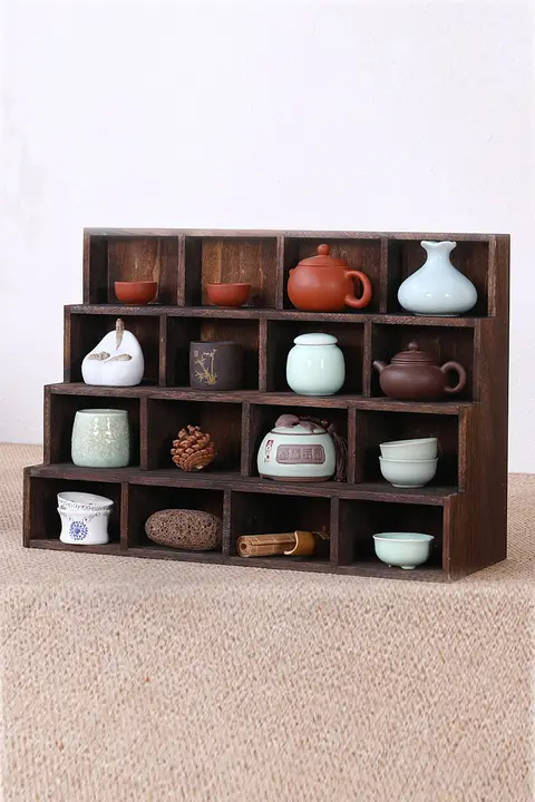 天然木製 テーブル用収納ボックス【茶道具・茶杯スタンド・棚付き】