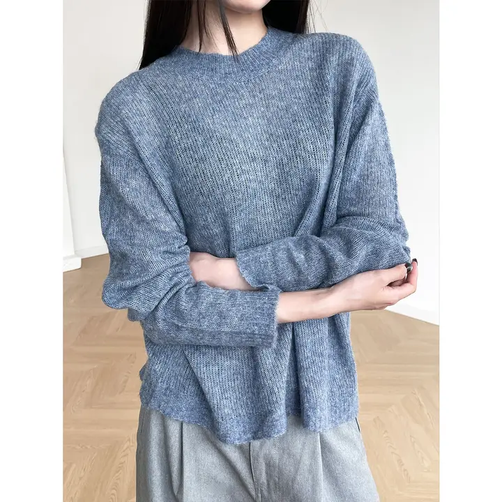 セーター レディース ウール混 杢 クルーネック 長袖 ふんわり 軽量 上品 プルオーバー「Inbeshowroom」