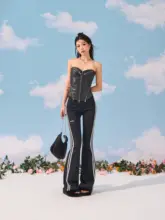 フレアパンツ レディース ストライプ V字ウエスト スリム 着痩せ スポーツカジュアル ヨガ「STYLMW」