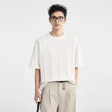 立体裁断の多重プリーツデザイン！二重構造のクルーネック半袖Tシャツ【男性用・夏用】