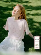 レース付きバタフライデザインの半袖Tシャツ【ピンク・コットン・ラウンドネック】