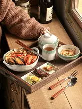 高級感ある陶器製ダブルハンドボウルとカップの食器セット【美しいデザイン・分割プレート付き】（セットアップ対応）