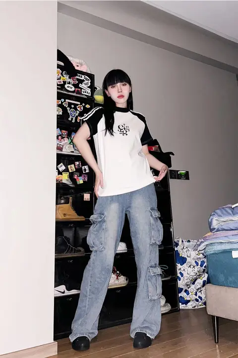 YOUNG STAGE レディース 夏用 カラーブロック ドロップショルダーTシャツ【デザインフィット・短丈】