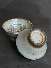 レトロデザインの手作り陶器スープボウル【厚手・高脚・ストライプ模様・家庭用】