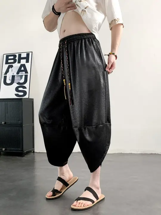 中国風刺繍入りアイスシルク七分パンツ【夏用・極上の柔らかさ・快適な着用感・カジュアル】（セットアップ対応）