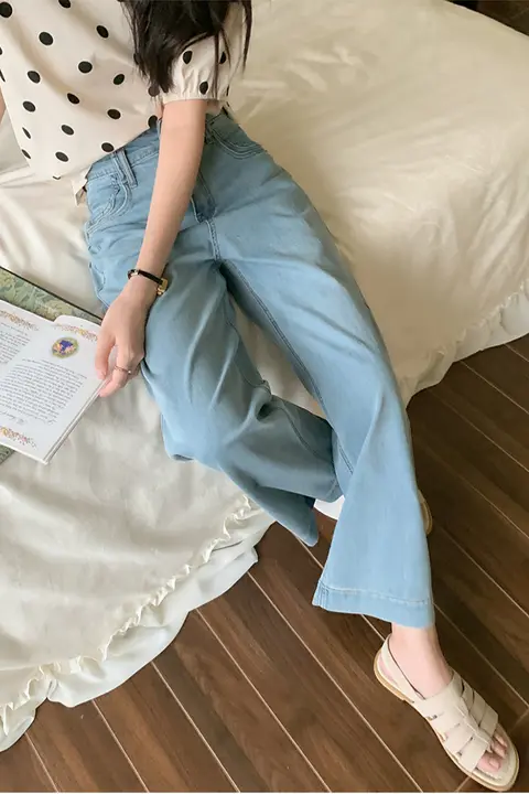 LILI EDIT ハイウエスト スリムフィットデニムパンツ【夏用・薄手・小柄対応・ストレート】