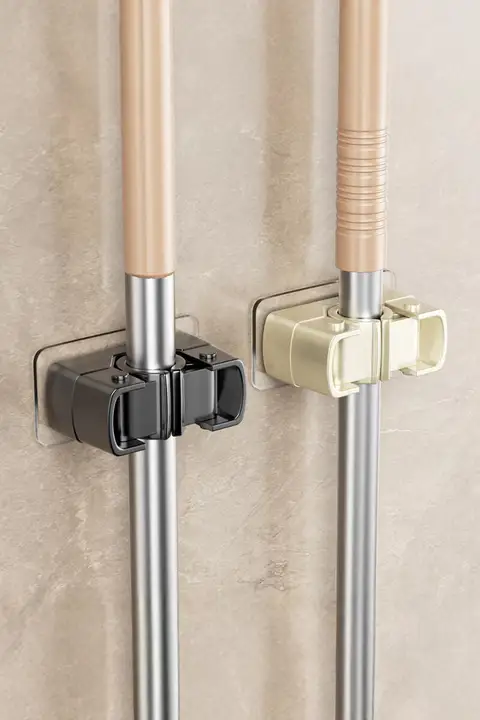 穴あけ不要モップ壁掛けホルダー【バスルーム・掃除道具収納】