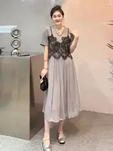 レース切り替えのフレンチスタイルドレス【大きいサイズ・着痩せ効果・夏用】（セットアップ対応）