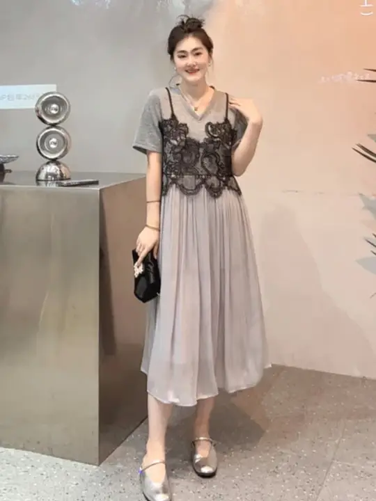 レース切り替えのフレンチスタイルドレス【大きいサイズ・着痩せ効果・夏用】（セットアップ対応）