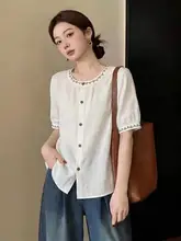 ゆったりとした民族風刺繍入り半袖シャツ【コットンリネン・ドレープ・ラウンドネック】