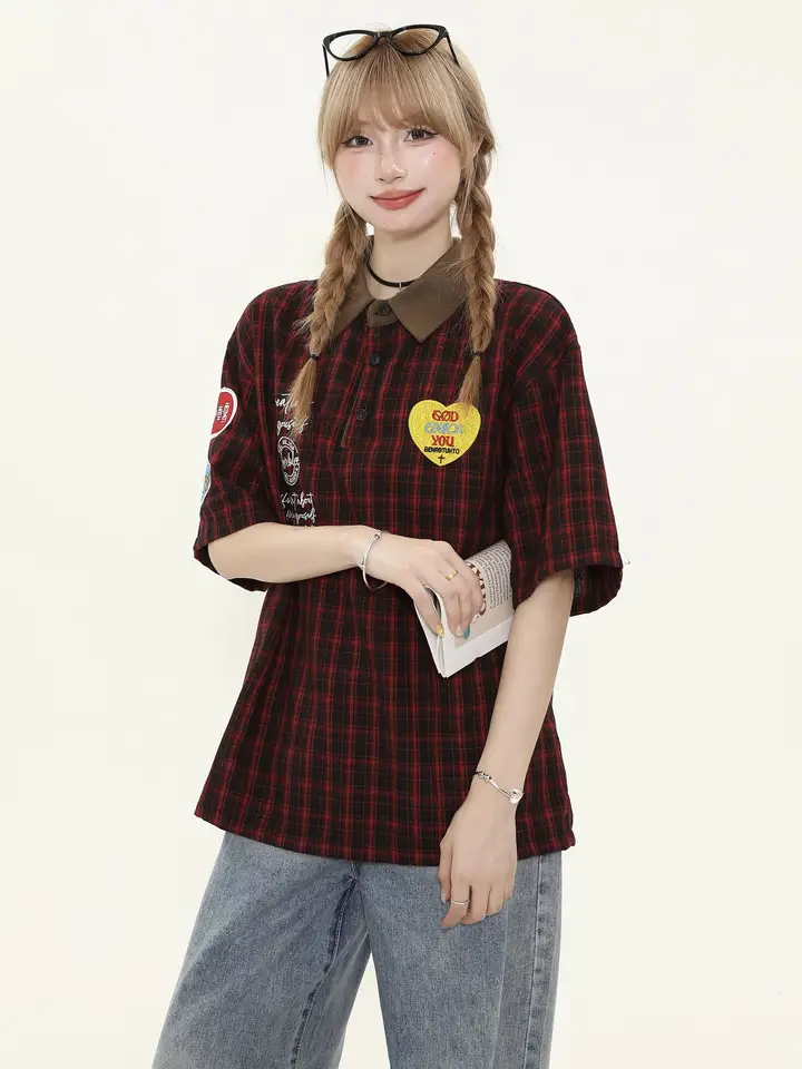 チェック柄のカラー切替ポロシャツ【女性用・スタイル・半袖】