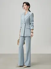 ビジネス用 ブルー ダブルブレスト スーツジャケット【フレアパンツ・女性用・オフィス向け】（セットアップ対応）